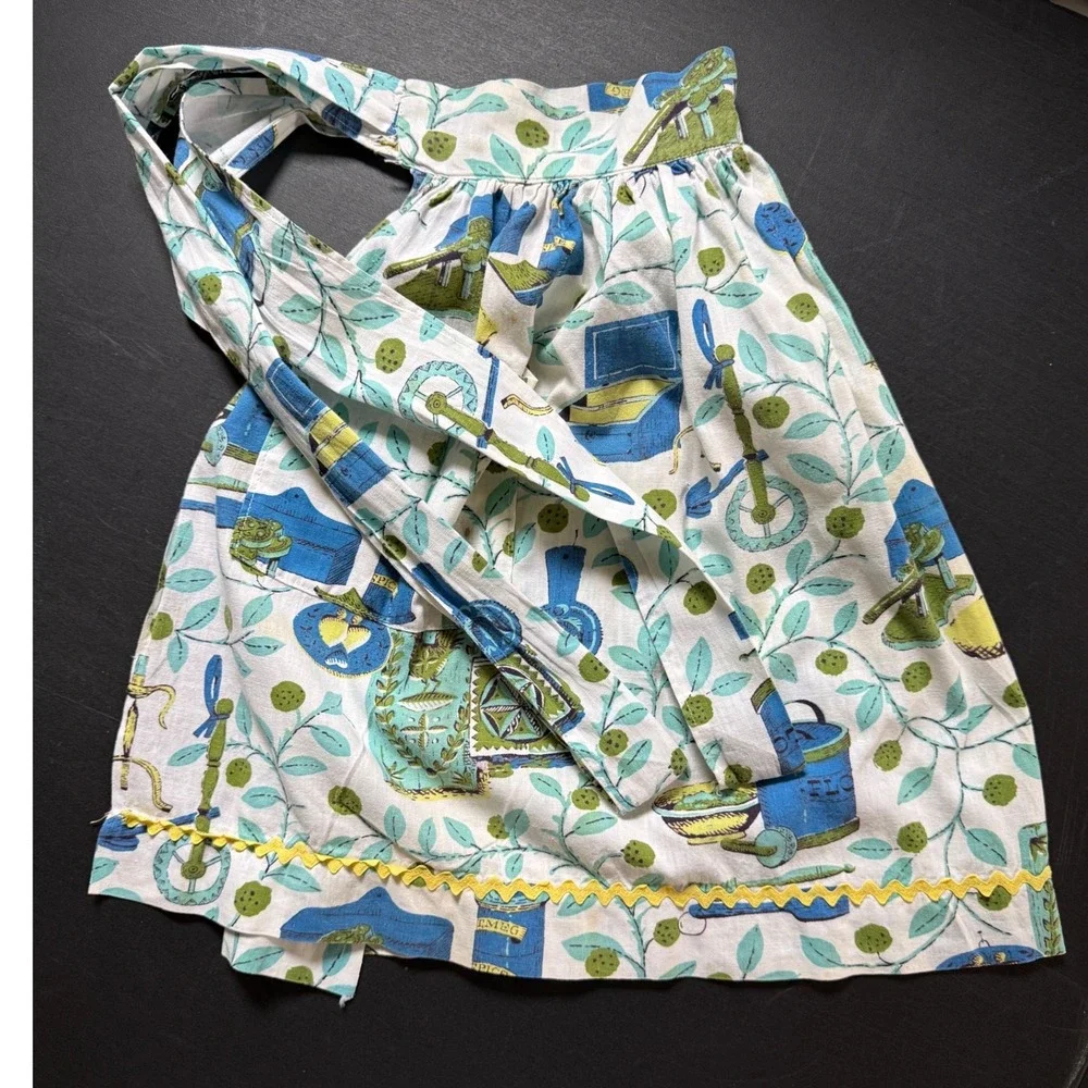 Vintage MCM Novelty Kitchen Print Half Apron Rick Rack Blue Green 1950s 60s